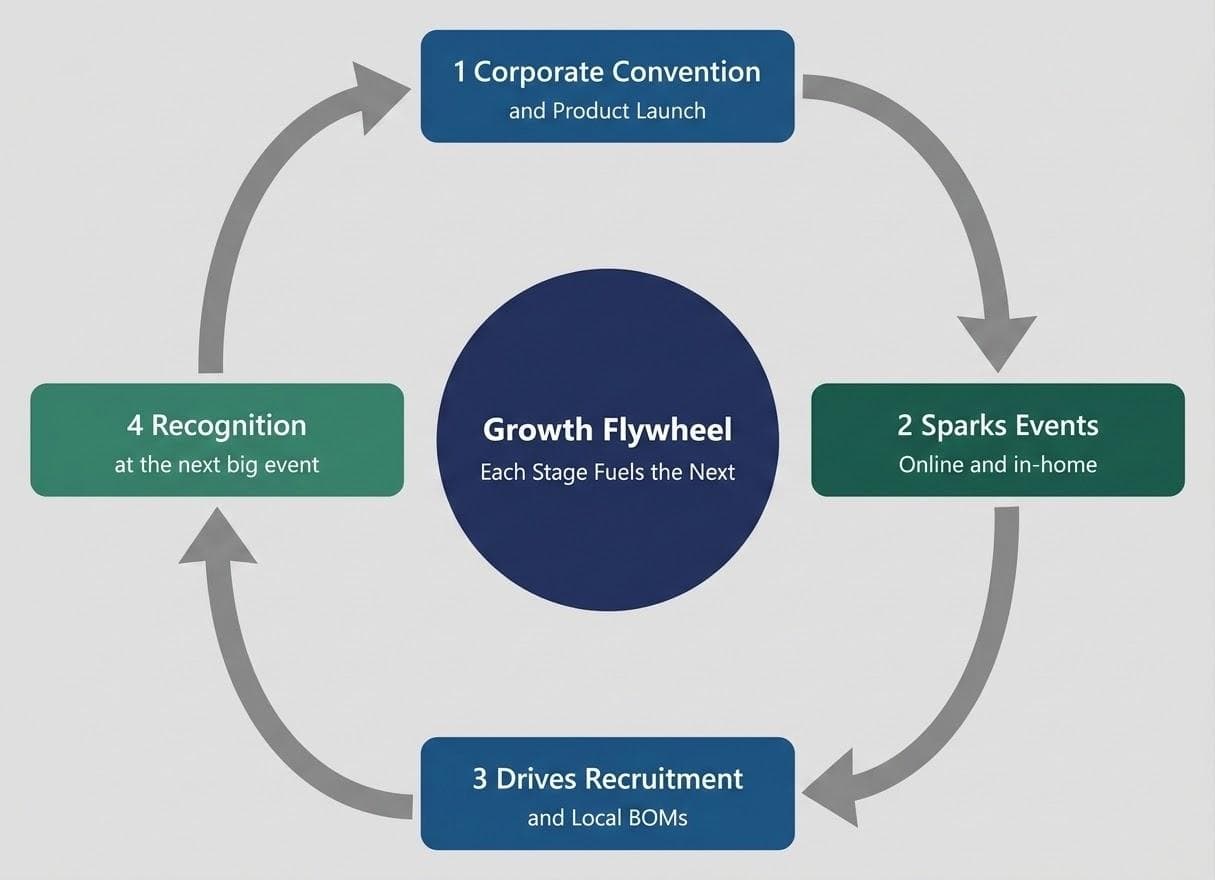 Growth flywheel cycle: 1 corporate convention and product launch, 2 sparks events online and in-home, 3 drives recruitment and local BOMs, 4 recognition at the next big event